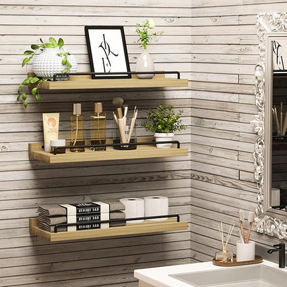 Floating Shelves for Wall Decor, Light Brown Wood Shelves for Bathroom, Living Room, Bedroom, Picture Frames, Plants, Kitchen (Set of 3)
