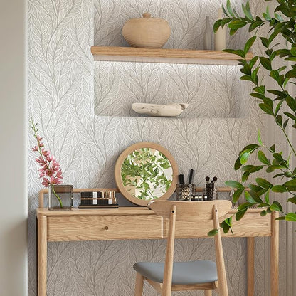 Leaf Wallpaper Peel and Stick Boho 17.3"x393" White and Beige Wallpaper Plant Self Adhesive Removable Wall Paper for Bedroom Beige Leaves Contact Paper for Cabinets Vinyl Waterproof