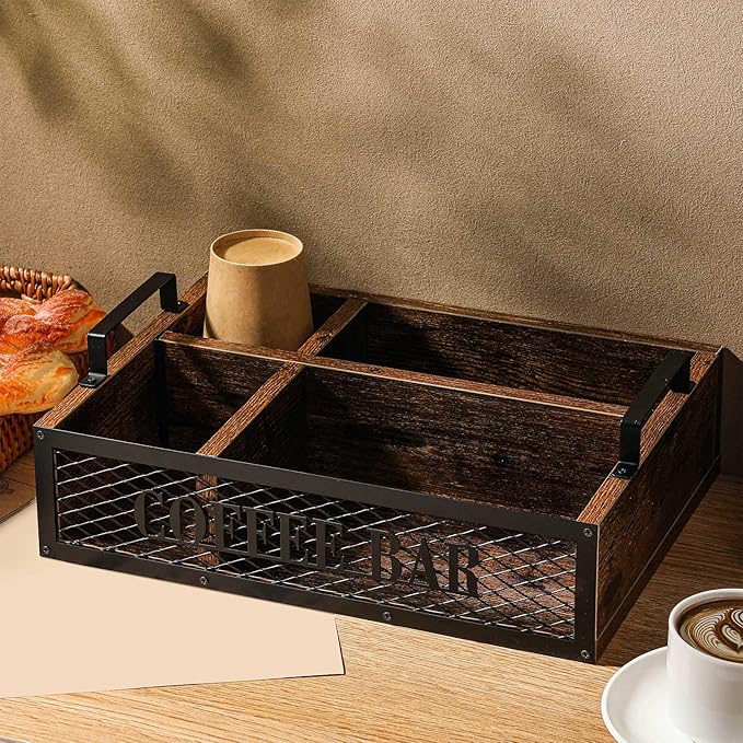 Coffee Station Organizer for Countertop, All in One No Assembly Wood Coffee Creamer Bar Holder with Iron Mesh, Office Tea Bar Accessories Gift for New Home Birthday(Brown,Natural)