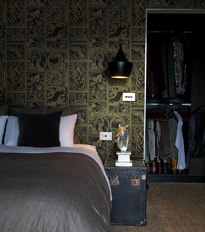 Erfoni Black and Gold Wallpaper Vintage Peel and Stick Wallpaper Special Animals Pattern Contact Paper Stick and Peel Self Adhesive Removable Wall Paper for Countertop Cabinets Covering 78.7"x17.7"