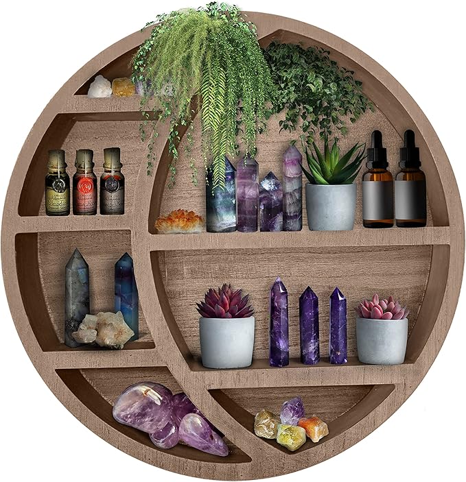 Wooden Floating Moon Shelf Wall Decor - Decorative Boho Home Hanging Display Shelf for Bedroom, Dorm, Nursery - Easy Mount Storage for Crystals and Essential Oils - 14 x 14 x 3.5 (Light Brown)