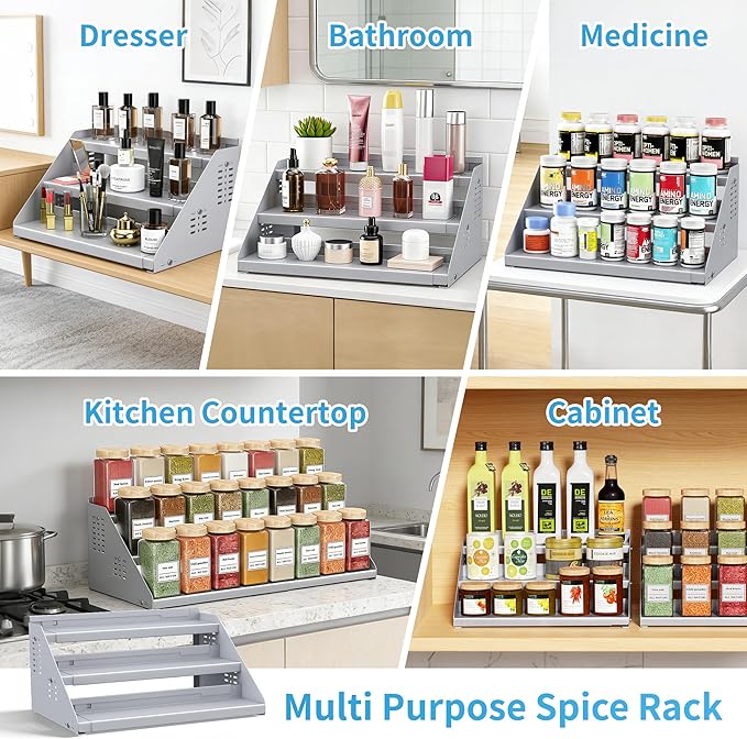 Spice Rack Organizer, Metal Spice Rack Organizer for Cabinet, Countertop Spice Rack - Expandable Width, 3 Tier Spice Shelf for Cabinet, Countertop, Pantry, Cupboard, Gray