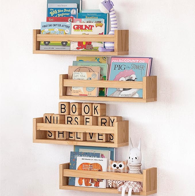 NATURE SUPPLIES Set of 4, Natural Wood Floating Nursery Book Shelves, 16.4
