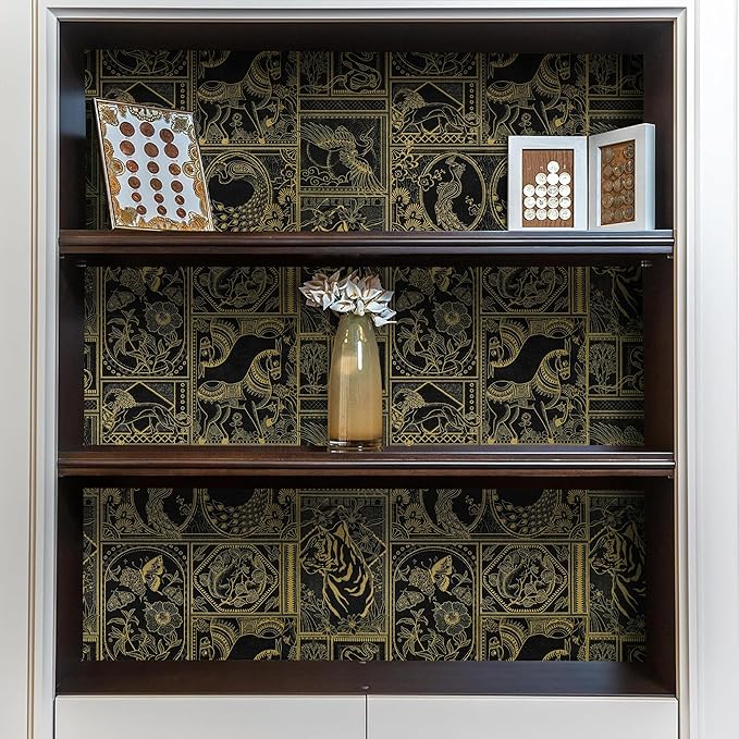Erfoni 197"x17.7" Black and Gold Wallpaper Vintage Self Adhesive Peel and Stick Wallpaper Retro Animail Pattern Contact Paper DIY Stick and Peel Removable Wall Paper Decoration Bedroom Wall Vinyl Roll
