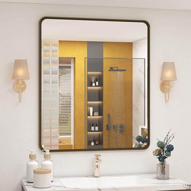 OKPAL 24x28 Bronze Bathroom Mirror, Brushed Bronze Metal Framed Mirror, Rounded Bronze Rectangle Mirror for Farmhouse, Bedroom, Anti-Rust (Horizontal/Vertical)