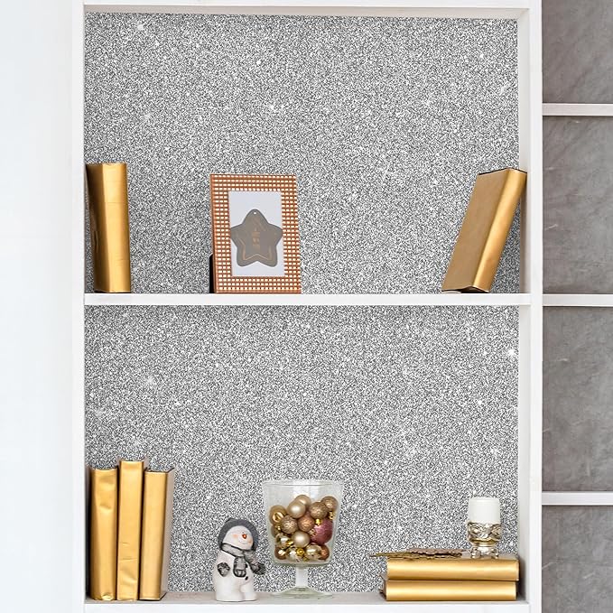 CHIHUT Sparkle Silver Glitter Wallpaper Peel and Stick Silver Glitter Contact Paper for Cabinets Walls Self Adhesive Removable Fabric Wallpaper Decorative Wall Paper for DIY Drawers 15.7''x100''