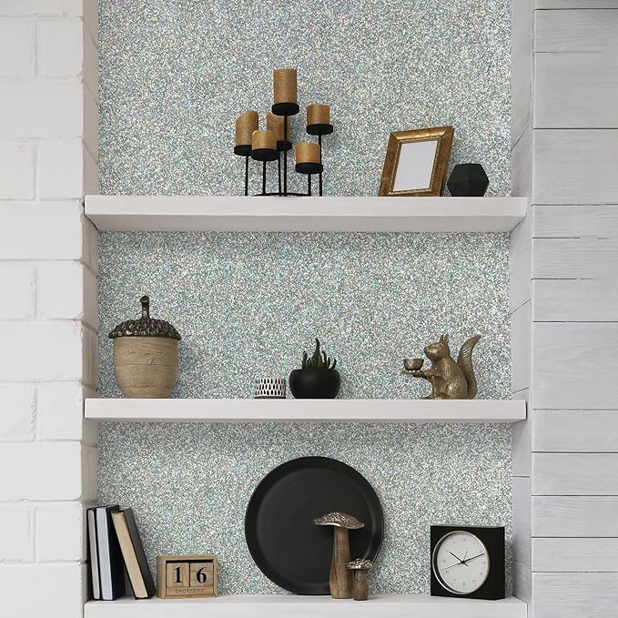 CHIHUT Holographic Silver Glitter Wallpaper Stick and Peel for Walls Self Adhesive Glitter Stick on Wallpaper for Bedroom Sparkle Fabric Glitter Contact Paper for Cabinets Shelf Liner 15.7''x100''