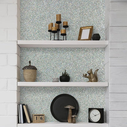 CHIHUT Holographic Silver Glitter Wallpaper Stick and Peel for Walls Self Adhesive Glitter Stick on Wallpaper for Bedroom Sparkle Fabric Glitter Contact Paper for Cabinets Shelf Liner 15.7''x100''