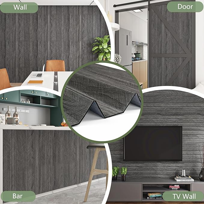 ReWallpaper Peel and Stick Charcoal Black Acoustic Panels Sound Absorbing Slat Wall Paneling Self Adhesive Faux Wood Wall Panels Waterproof Decorative Covering for Bedroom Door Office DIY 12in x 10ft