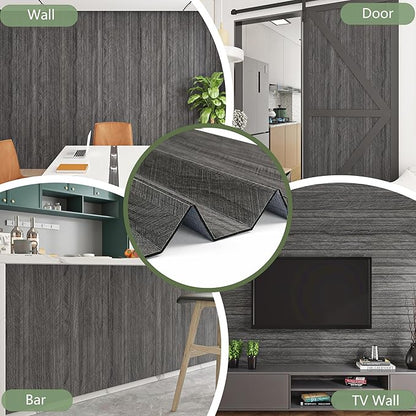 ReWallpaper Peel and Stick Charcoal Black Acoustic Panels Sound Absorbing Slat Wall Paneling Self Adhesive Faux Wood Wall Panels Waterproof Decorative Covering for Bedroom Door Office DIY 12in x 10ft