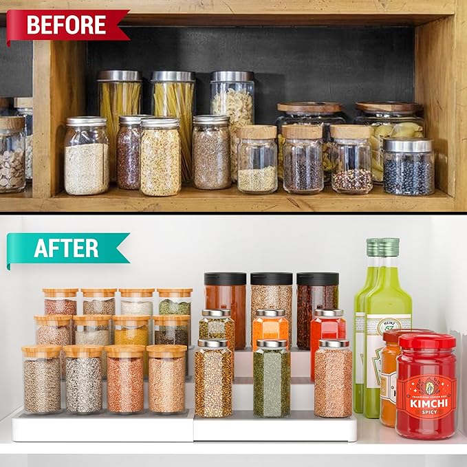YAN & HIN Expandable Spice Rack Organizer for Cabinet (2 Pack), 3-Tier Tiered Spice Shelf Organizer with Non-Skid Surface, Adjustable Pantry Organizer for Spices, Cans & Medicine Cabinet