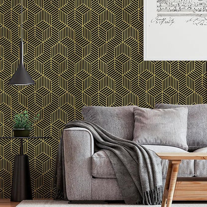 WENMER 17.7" x 1181" Geometric Hexagon Wallpaper - Black and Gold Peel and Stick Contact Paper - Removable Self Adhesive Vinyl Film for Home Use