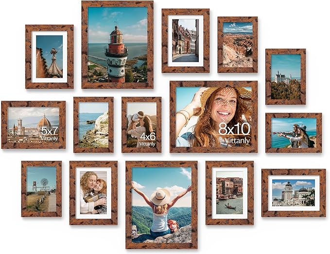 Vittanly 15 Pack Picture Frames Collage Wall Decor for Mounting or Tabletop Display, Gallery Frame Set for Family, Multi Sizes Including 3pcs 8x10, 6pcs 5x7, 6pcs 4x6, Rustic Brown