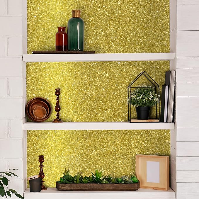 CHIHUT 15.7''x236'' Glitter Contact Paper Gold Glitter Wallpaper Stick and Peel for Walls Self Adhesive Shiny Glitter Wallpaper Roll Removable Fabric Decorative for Bedroom Cabinets Christmas Décor