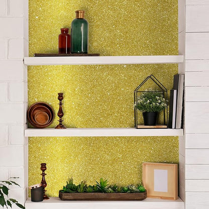 CHIHUT 15.7''x236'' Glitter Contact Paper Gold Glitter Wallpaper Stick and Peel for Walls Self Adhesive Shiny Glitter Wallpaper Roll Removable Fabric Decorative for Bedroom Cabinets Christmas Décor