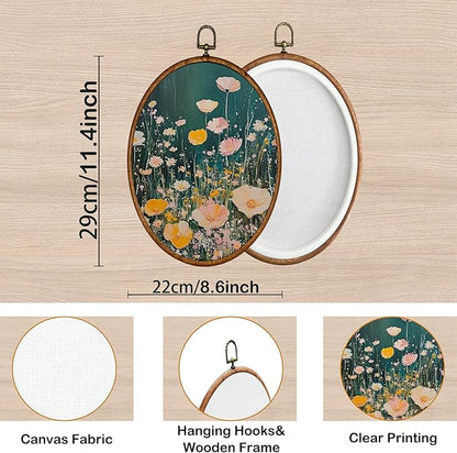 KSDUT Retro Aesthetic Floral Green Wall Art Decor - Botanical Neutral Mid Century Modern Wall Art Canvas Frame Hanging Prints, Vintage Landscape Oval Wall Art Decor for Home Decorations 8.6"x11.4"