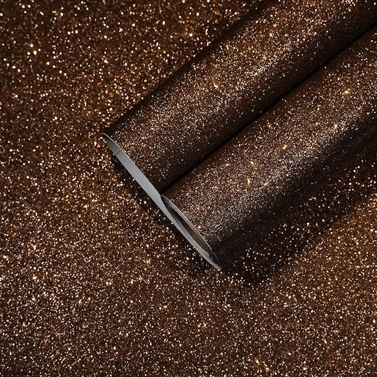 CHIHUT Dark Brown Glitter Wallpaper Peel and Stick Sparkle Glitter Contact Paper Self Adhesive Removable Brown Wallpaper for Bedroom Decorative Fabric Roll for Walls Cabinets Shelf Liner 15.7''x236''
