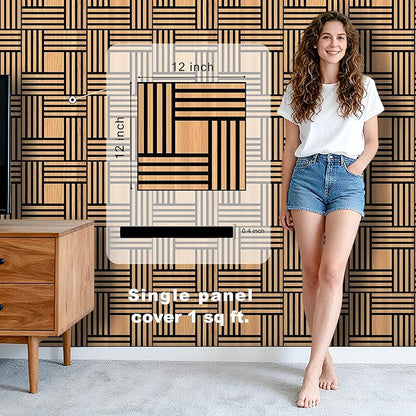 WoveN SounD Artisan Acoustic Wall Panels, 16 Pack 12x12 Inch, Wood Veneer Carved Sound Proof Wall Decor, Self-Adhesive for Home, Studio, Office & Focus Zones, Metre, Natural Oak