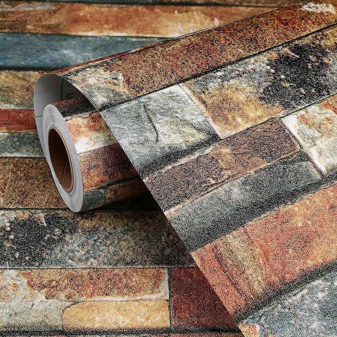 FunStick 15.8x472 Brown Red Blue 3D Brick Wallpaper Peel and Stick Textured Brick Removable Wallpaper for Bedroom Living Room Accent Wall Panels Backsplash Renter Friendly Vintage Vinyl Contact Paper