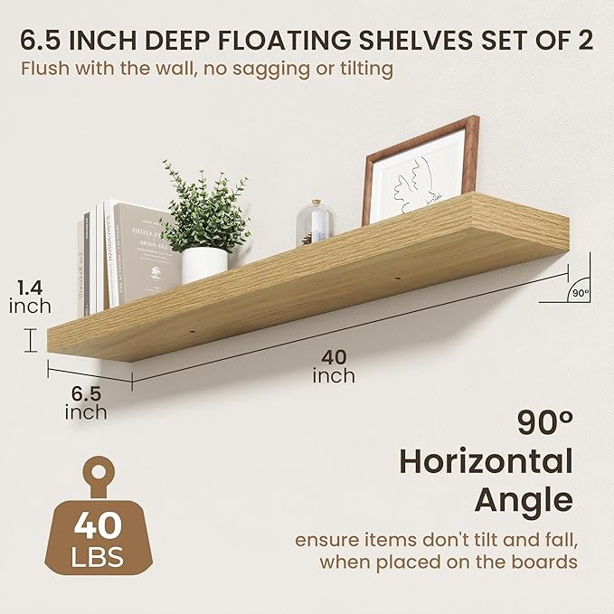 40 Inch Floating Shelves | 6.5 Inch Deep Oak Floating Shelves Set of 2 | 40