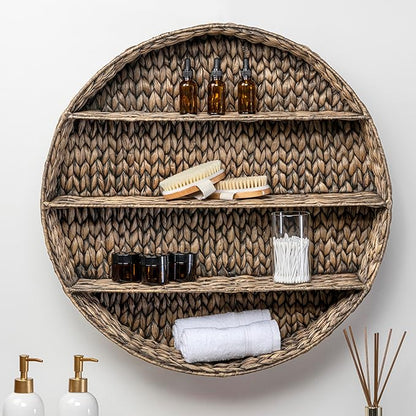 happimess WRK1000B Annulus 24.61" 3-Shelf Circular Handwoven Hyacinth Wall Rack, Bright Brown for Storage and Decoration in Bathroom, Bedroom, Living Room