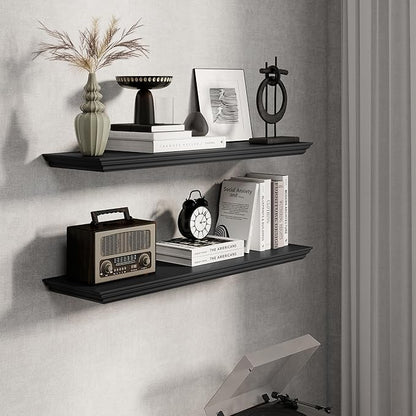 Fun Memories Floating Shelves 36 Inch Long, 9.3 Inch Deep Classic Crown Molding Floating Shelves for Wall, Rustic Wooden Shelves for Wall Decor Bathroom, Kitchen, Office, (Black, 2Pack)