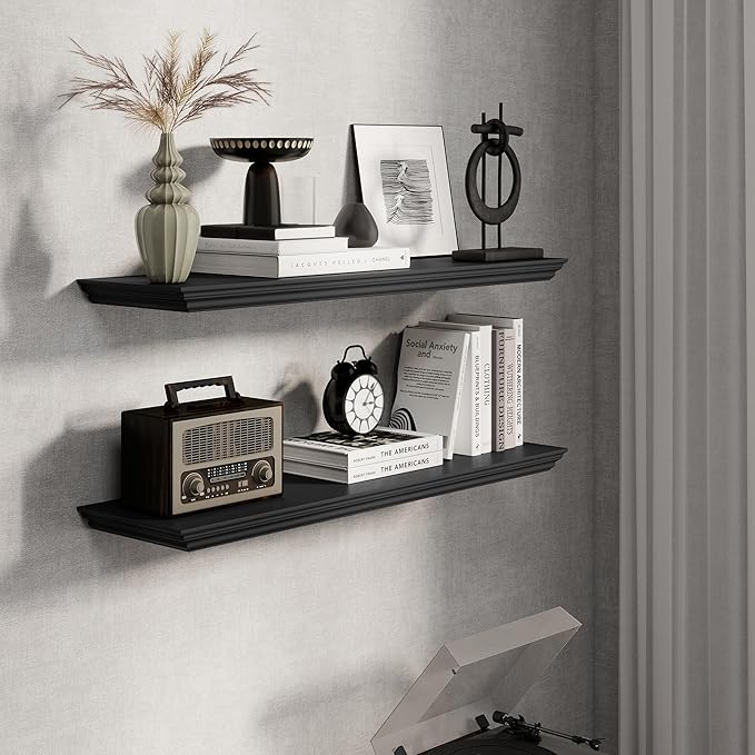 Fun Memories Floating Shelves 36 Inch Long, 9.3 Inch Deep Classic Crown Molding Floating Shelves for Wall, Rustic Wooden Shelves for Wall Decor Bathroom, Kitchen, Office, (Black, 2Pack)