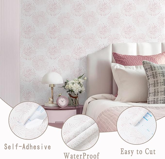 Peel and Stick Wallpaper Geometric Boho Wall Paper White Pink Fireworks Contact Paper 17.3"×393" Self-Adhesive Round Wallpaper for Bedroom Waterproof Removable Shelf Liner Decal Vinyl Roll