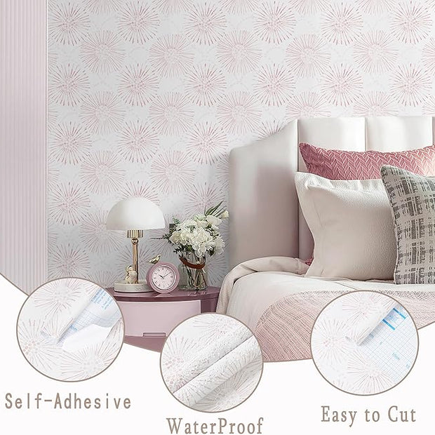 Peel and Stick Wallpaper Geometric Boho Wall Paper White Pink Fireworks Contact Paper 17.3"×78.7" Self-Adhesive Round Wallpaper for Bedroom Waterproof Removable Shelf Liner Decal Vinyl Roll