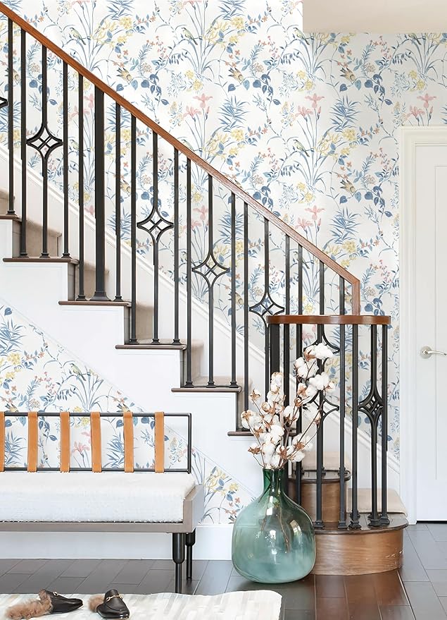 Erfoni 16.9" x118" Boho Floral Peel and Stick Wallpaper Blue Floral and Birds Contact Paper DIY Self Adhesive Removable Wallpaper for Livingroom Cabinet Decor Modern Flower Leaf Wall Paper Vinyl Roll