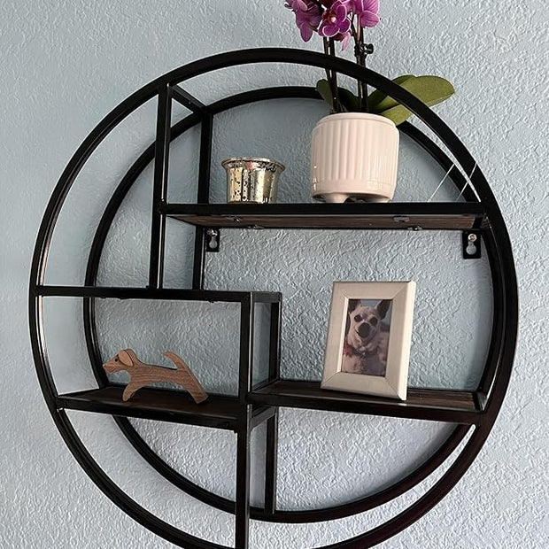 Admired By Nature, 18" Mounted Iron Circle Hanging Storage Shelving Floating Shelf 4 Tier Floating Circular Wall Decor Round Decorative Hanging Shelves, Sphere Shape Wall Shelf For Home, Black, 1 unit