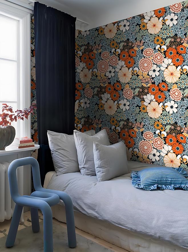 Floral Wallpaper Peel and Stick Boho Wall Paper Removable Waterproof Orange/Green/Red Contact Paper for Bedroom, Bathroom, Home Wall 17.3