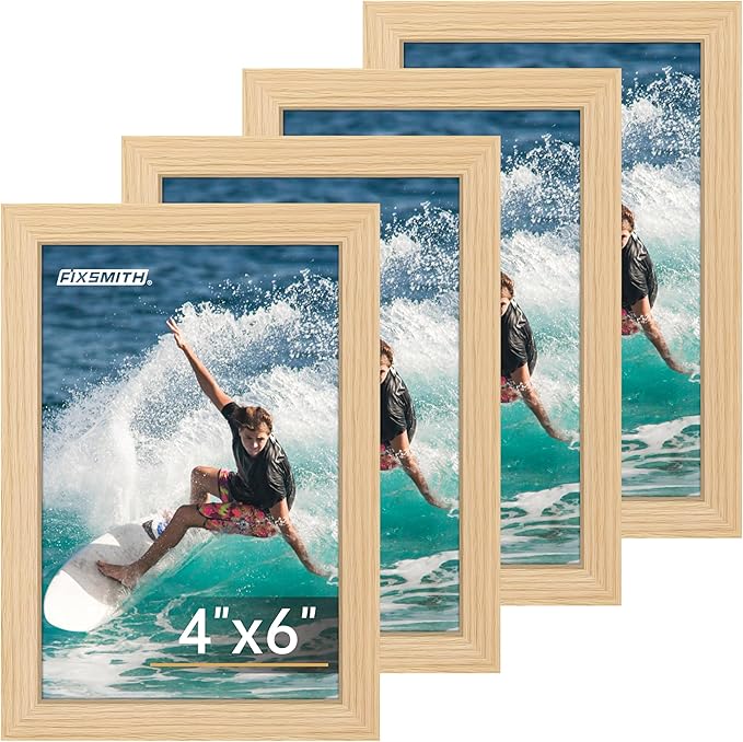 FIXSMITH 4x6 Picture Frame Set of 4, 4x6 Photo Frames with HD Plexiglass for Wall Hanging or Tabletop Display, Natural