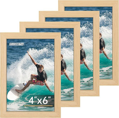 FIXSMITH 4x6 Picture Frame Set of 4, 4x6 Photo Frames with HD Plexiglass for Wall Hanging or Tabletop Display, Natural