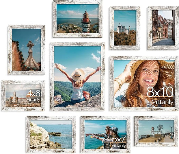 Vittanly Picture Frames Set of 10, Picture Frames Collage Wall Decor with Two 8x10, Four 5x7, and Four 4x6 Photo Frames, Gallery Wall Frame Set for Wall or Tabletop Display, Distressed White