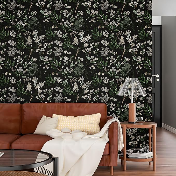 Dark Floral Wallpaper Peel and Stick Green Leaf Wallpaper Vintage Flowers Contact Paper Waterproof Self Adhesive Boho Delicate Wall Paper for Cabinet Kitchen Walls Locker 17.5in x9.8ft