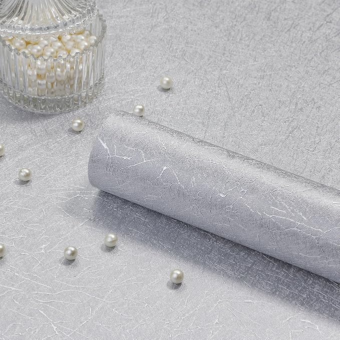 Silver Grey Silk Wallpaper Embossed Peel and Stick Wallpaper A Set of 17.7 inch X 480 inch Textured Self-Adhesive Removable Contact Paper Waterproof Vinyl Roll for Bedroom Cabinet Furniture