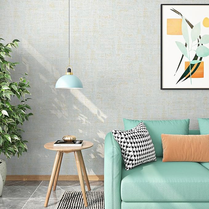FunStick 24"x200" Blue and Gold Grasscloth Peel and Stick Wallpaper Textured Blue Wall Paper Peel and Stick Modern Bedroom Wall Decor Self Adhesive Vinyl Contact Paper for Kitchen Cabinets Shelves