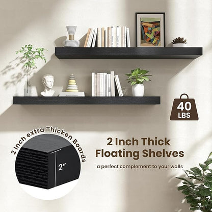 48 Inch Floating Shelves | 12 Inch Deep Black Floating Shelves Set of 2 | 48" W x 12" D Black Wood Wall Shelves for Bathroom Living Room Kitchen Laundry Room