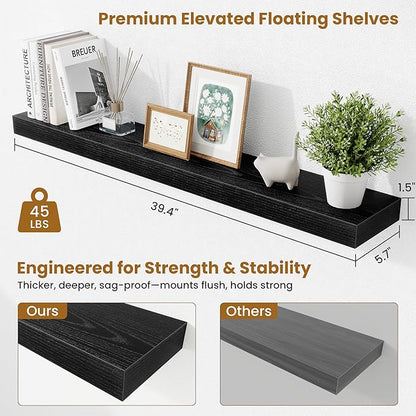 Fun Memories 40 Inch Floating Shelves, Long Wood Wall Shelf Set of 2 with Invisible Brackets, for Bathroom, Living Room, Bedroom, Kitchen, Black