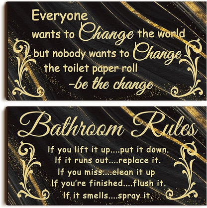 Jetec 2 Pieces Funny Bathroom Signs Bathroom Wall Decor Toilet Wall Accessories Farmhouse Toilet Rustic Wooden Signs, 12x6 Inch(Cool Style)