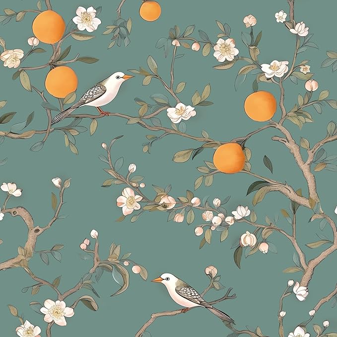 Green Floral Wallpaper Peel and Stick, Birds & Orange Fruits Contact Paper 17.5
