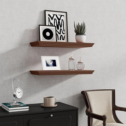 Fun Memories Floating Shelves 24 Inch Long, 9.3 Inch Deep Classic Crown Molding Floating Shelves for Wall, Rustic Wooden Shelves for Wall Decor Bathroom, Kitchen, Office, (Walnut, 2Pack)