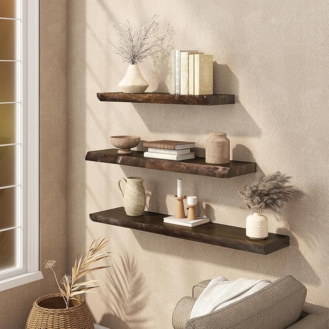 Floating Shelves Set of 2, Solid Elm Wood Wall Shelves 32 Inch - Invisible Bracket Mount for Living Room, Bedroom, Kitchen, Bathroom - Natural