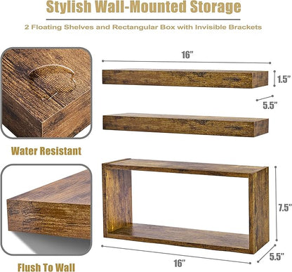 Sorbus Floating Shelves for Wall Set of 3 - Bathroom Shelves for Wall Storage, Over Toilet, Bedroom, Farmhouse, Decor - 2 Floating Shelves with Invisible Brackets & 1 Rectangular Box, Walnut