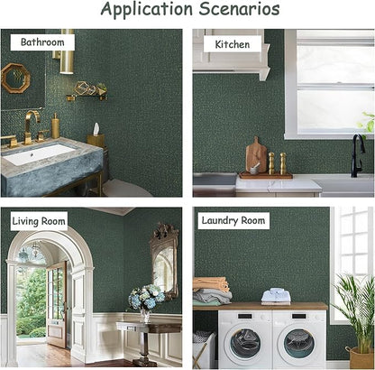 Guvana Grasscloth Peel and Stick Wallpaper Green/Gold Textured Contact Paper Vintage Removable Self Adhesive Wall Paper Thicken Fabric Faux Linen Wallpaper for Bathroom Living Room Decor 78.7inx15.7in