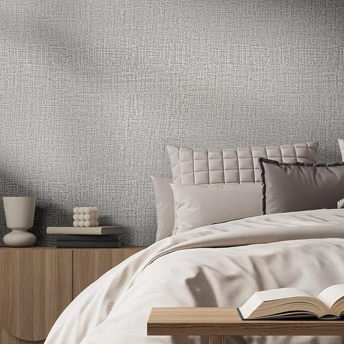 WADILE Grasscloth Peel and Stick Wallpaper 23.6in x 472in, Textured Contact Paper for Cabinets, Faux Linen Wall Paper Pull and Stick, Fabric Vinyl Wallpaper Self Adhesive Light Gray