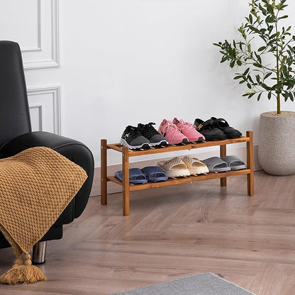 Natural Acacia Wood 2-Tier Folding Shoe Rack – Space-Saving Wooden Shoe Organizer Shelf for Entryway, Hallway, Mudroom, or Closet – Compact Indoor Storage for Footwear & More