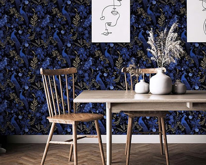 FLFK Black and Dark Blue Peacock Wallpaper,Peel and Stick Wall Mural for Living Room, Bedroom, Kitchen, Office, Apartment Decor 16"x128"