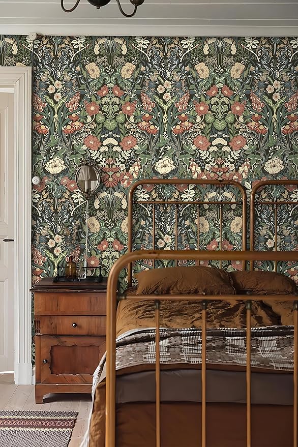 Vintage Wallpaper Peel and Stick Floral Wall Paper Removable Waterproof Green/Black/Yellow Contact Paper for Bedroom, Bathroom, Home Wall 17.3" x 118"